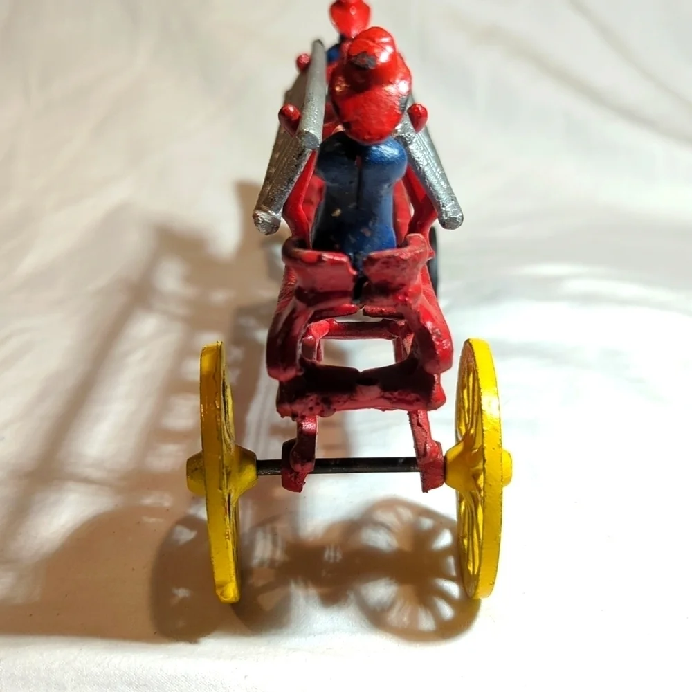 Vintage Cast Iron Horse Drawn Fire Truck Engine Wagon Toy w Fireman and Ladders